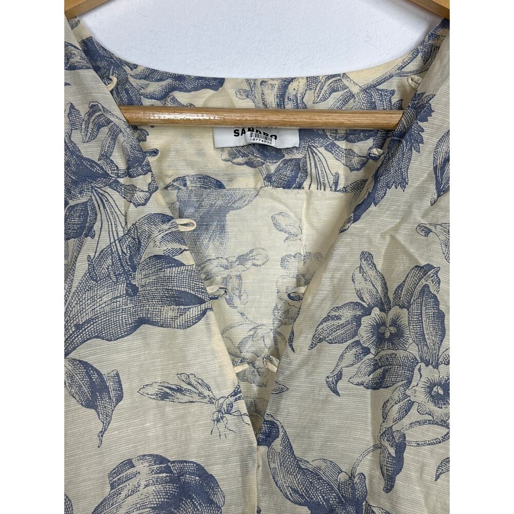 Sandro Josella Dress Linen Blend Floral Puff Sleeve Mini Ecru Blue FR 40 US 8 - Picture 5 of 10